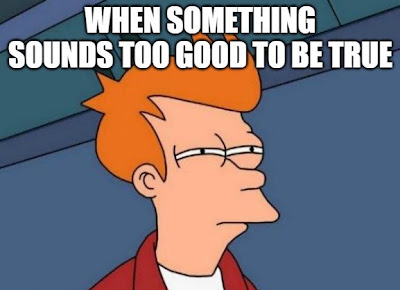 Fry from Futurama, captioned: When something sounds too good to be true
